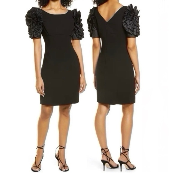 Shani Dramatic Rosette Sleeve Crepe Sheath Cocktail Dress Black - Picture 6 of 12